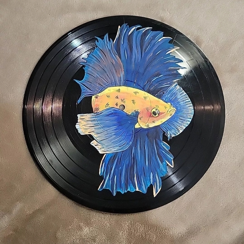 Beta fish painting on vinyl record